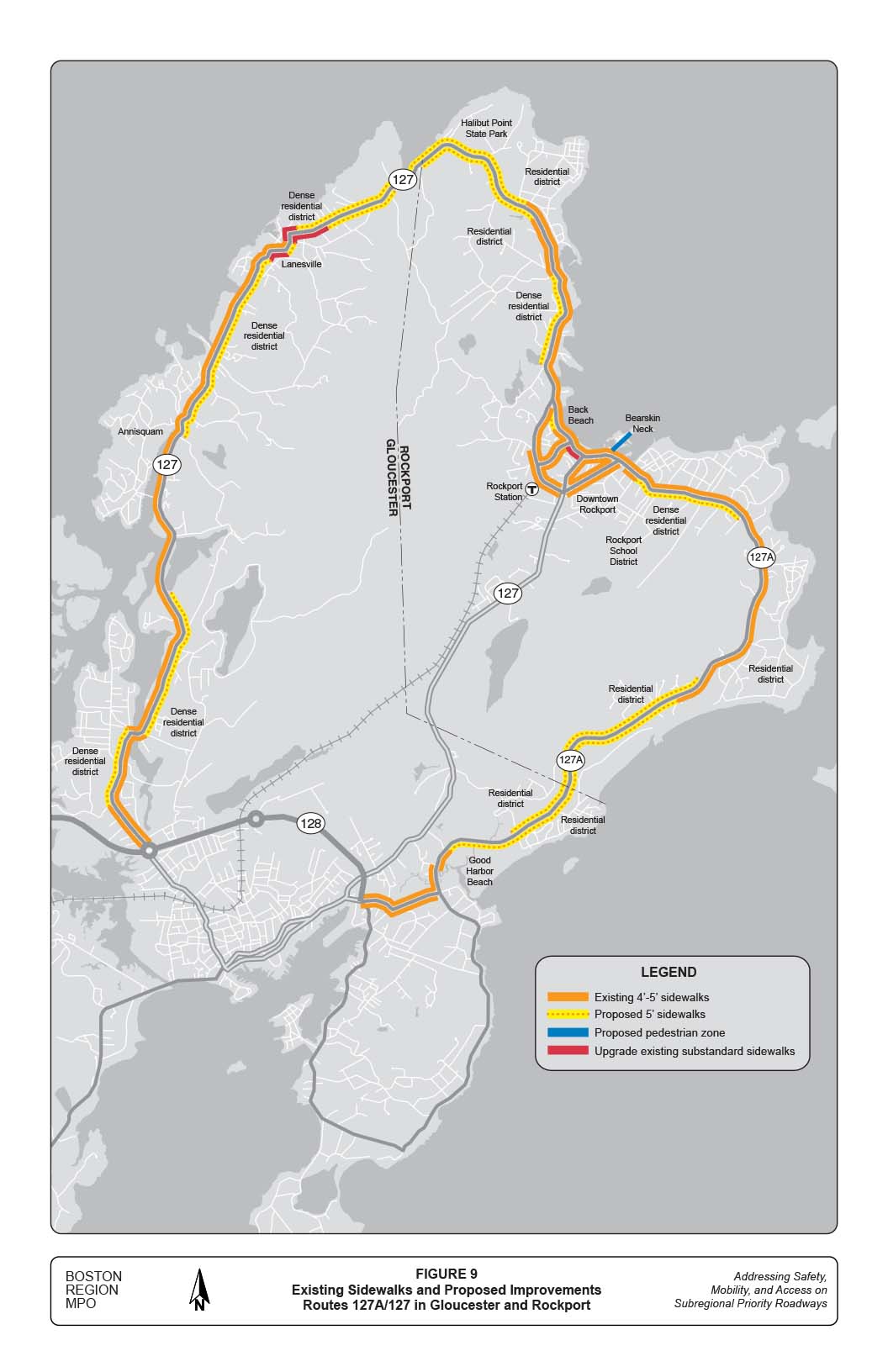 FIGURE 9. Existing Sidewalks and Proposed Improvements Routes 127A/127 in Gloucester and Rockport
Figure 9 is a black-and-white map with superimposed colors that denote the following: Orange line = existing 4’-5’ sidewalks; yellow highlight with red dots = proposed 5’ sidewalks; blue line = proposed pedestrian zone; and red line = upgrade existing substandard sidewalks.
